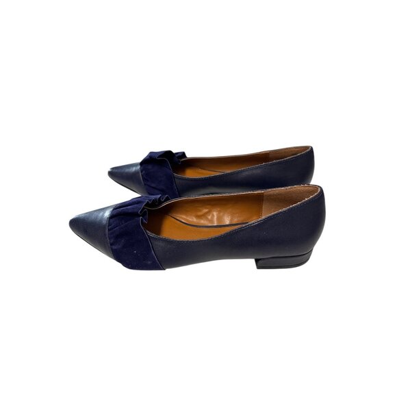 Halston Womens Navy Blue Leather Flats With Suede Ruffle Accent Pointed Toe Size - Picture 4 of 10